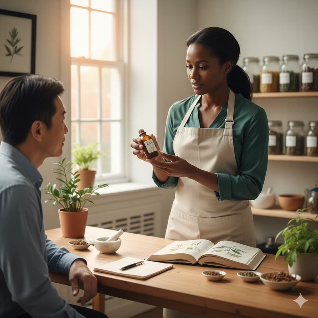 Traditional herbalist preparing natural remedies at Koibatek Clinic
